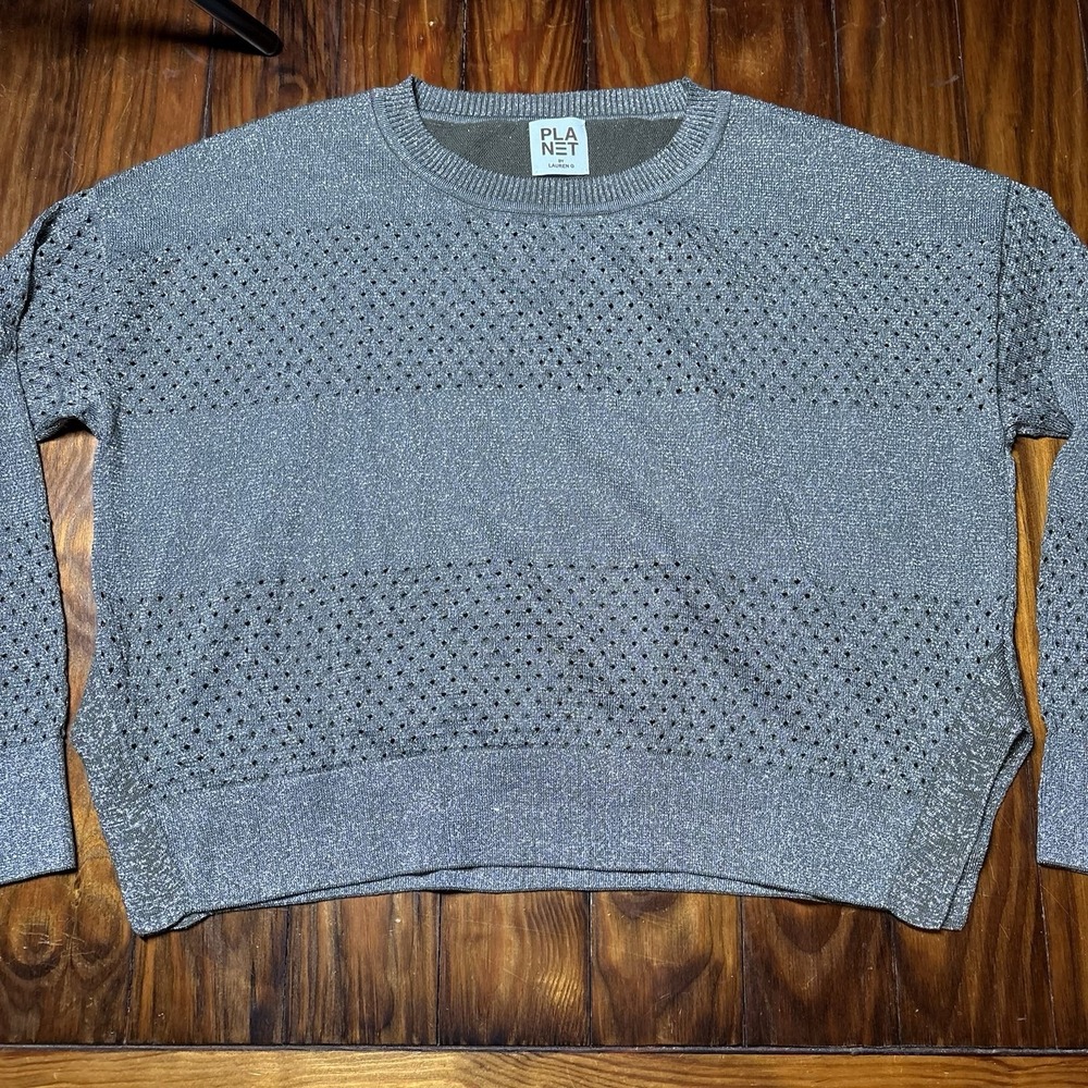 Planet Lauren G Olive Silver Metallic Open Knit Oversized Sweater One Size New